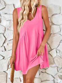 Solid Color Casual Asymmetrical/Asymmetrical V-Neck Sleeveless Short Dress - Multicolor - View 1