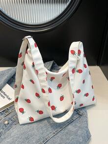 New Fashion Casual Large Capacity Strawberry Print Adjustable Strap Tote Shoulder Bag, Versatile Crossbody Soft Handbag For Women Daily Use - Beige - View 2