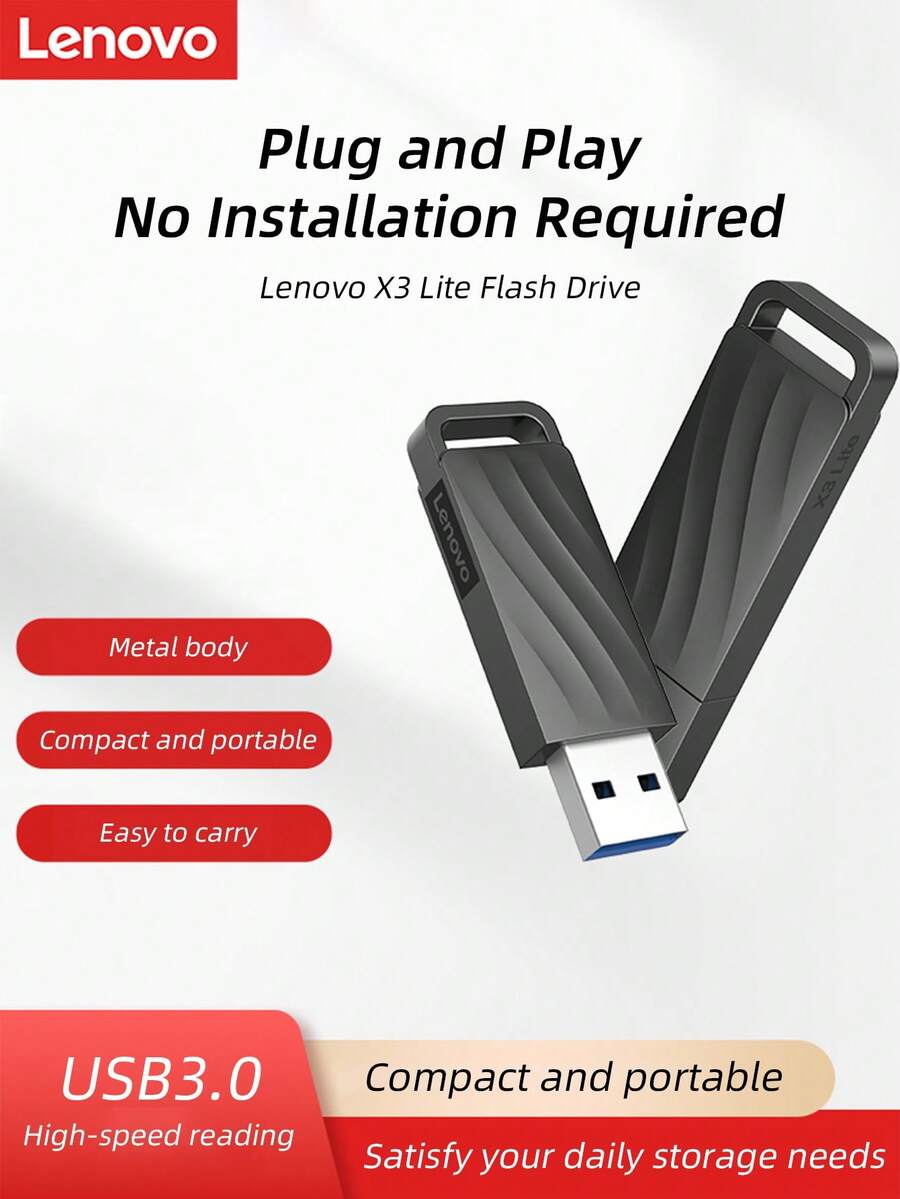 Lenovo Highly Compatible USB Flash Drive, Plug And Play USB3.0 Interface, High-Speed Reading And Storage Of Data, Compact And Portable, Easy To Store And Carry, Multiple Capacities For You To Choose - Grey - View 1