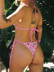 Women 2-Piece Bikini Swimsuits Floral Print Halter Neck Bra And Tie Up Thong Sets For Summer Beachwear Bathing Suit - 粉色 - 查看 3