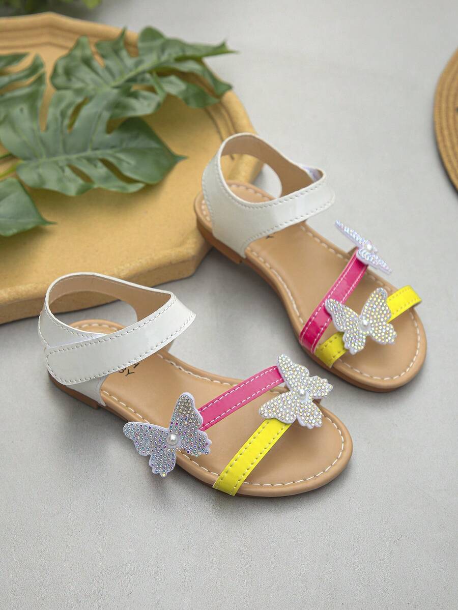 Summer Children's Fashion Sandals, Decorated With Butterfly Pattern, Girls' Flat Casual Beach Shoes, Suitable For Daily Shopping And Holiday Travel. Back To School Season, Sandals On Special Offer. - Red and White - View 1