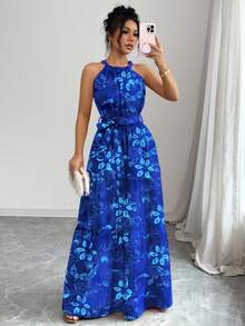 Đầm hở lưng in hoa thời trang thanh lịch, phù hợp cho mùa hè - Màu xanh lam - Xem 3