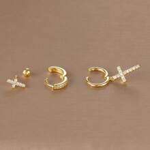 3PCS 18K Gold Plated Cross Stud Earrings Set For Women's Wedding Jewelry Zirconia Hoop Stainless Steel Accessories Party Gift