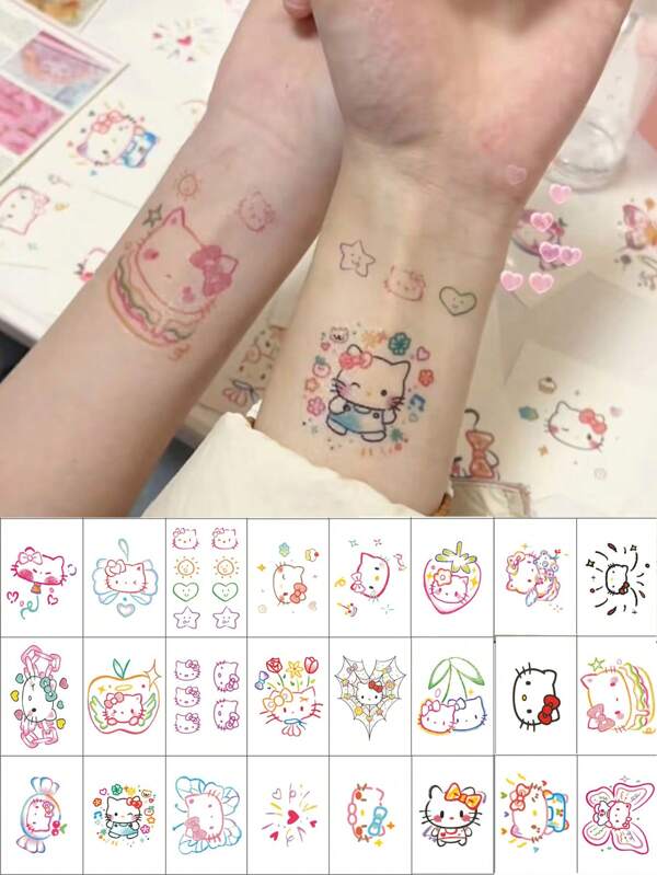 Sanrio Sanleo 24pcs Cartoon Hello Kittys Kuromis I Cinnamorolls Melody Cinnamorolls Little Cat Anime Waterproof Tattoo Sticker Body Art Sticker Decorative Accessory,Temporary Tattoo Stickers,Halloween Decoration, Rave Accessories