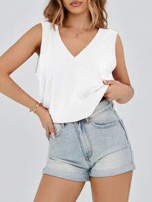 Fisoew Women's Oversized V-Neck Tank Top - Summer Sleeveless Flowy Tunic Tee | Casual Loose Fit Y2K Streetwear | Workout Gym Yoga Basic Top | Cropped Fashion Must-Have Plus Size Friendly - White - View 3