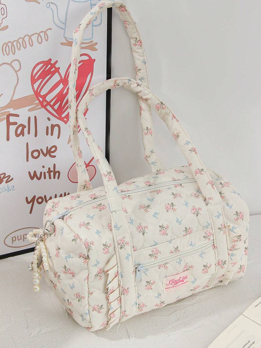 1Pc Floral And Bow Knot With Ruffles Duffel Bag ,Handbag ,Girls Travel Bag ,Girls Weekend Bag ,Women Shoulder Bag,Yoga Bag ,Sports Bag,Girls Weekend Bag ,Girl Duffel Bag ,Girls Luggage Bag Quilted Zipper Handbag Suitable For Ladies And Girls, Gift For Valentines Gift ,New Year Gift Bag For School School Accessories School Stuff