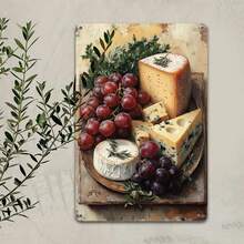 1pc 2D Flat Ornamental Plate Decor With Assorted Cheese & Grape Designs, Vintage Metal Plaque, Funny Wall Art Decoration Suitable For Home, Bar, Cafe, Garden And Cabin, Room Decor, Home Decor, Indoor And Outdoor Decorative Gift - Random Hole Style - Multicolor - View 6