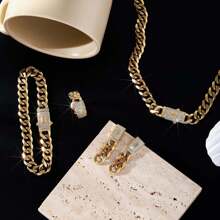 Set de 5 piezas de joyería de moda hip hop estilo para hombre: 1 par de aretes, 1 pulsera, 1 collar, 1 anillo, adecuado para uso diario, fiestas, regalos para parejas