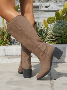 1 Pair Women Elegant Slip-On Knee-High Classic Western Boots, Brown, Black And White, Vintage Stylish Cowgirl Boots, Autumn/Winter - Brown - View 3