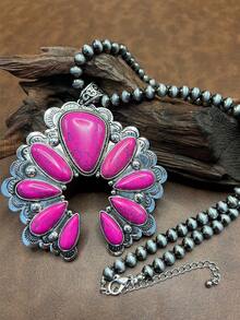 1pc Vintage Western Country Style Stone Beaded Flower Pendant Necklace, Pink/Yellow, 6 Layers Beaded Design Can Be Freely Matched, Zinc Alloy Stone Flower Pendant Necklace, Suitable For Women Girls To Match Daily Outfit, Party Accessory, Jewelry, Gift For Family/Friends/Yourself - Country Western Style - View 4