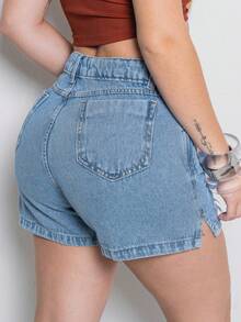 Denim Shorts Different Pocket Designs Women 3029 - 中等水洗藍 - 查看 3