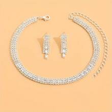 1 Set Sparkling Fake Diamond Necklace, Fashionable Tasseled Minimalist Earrings, Perfect For Party And Daily Wear For Women - Silver - View 4
