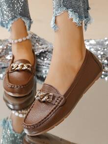 Women's Spring New Arrival Golden Chain Elegant Slip-On Loafers, Lightweight Comfortable Versatile Rubber Flat Shoes - Coffee Brown - View 2