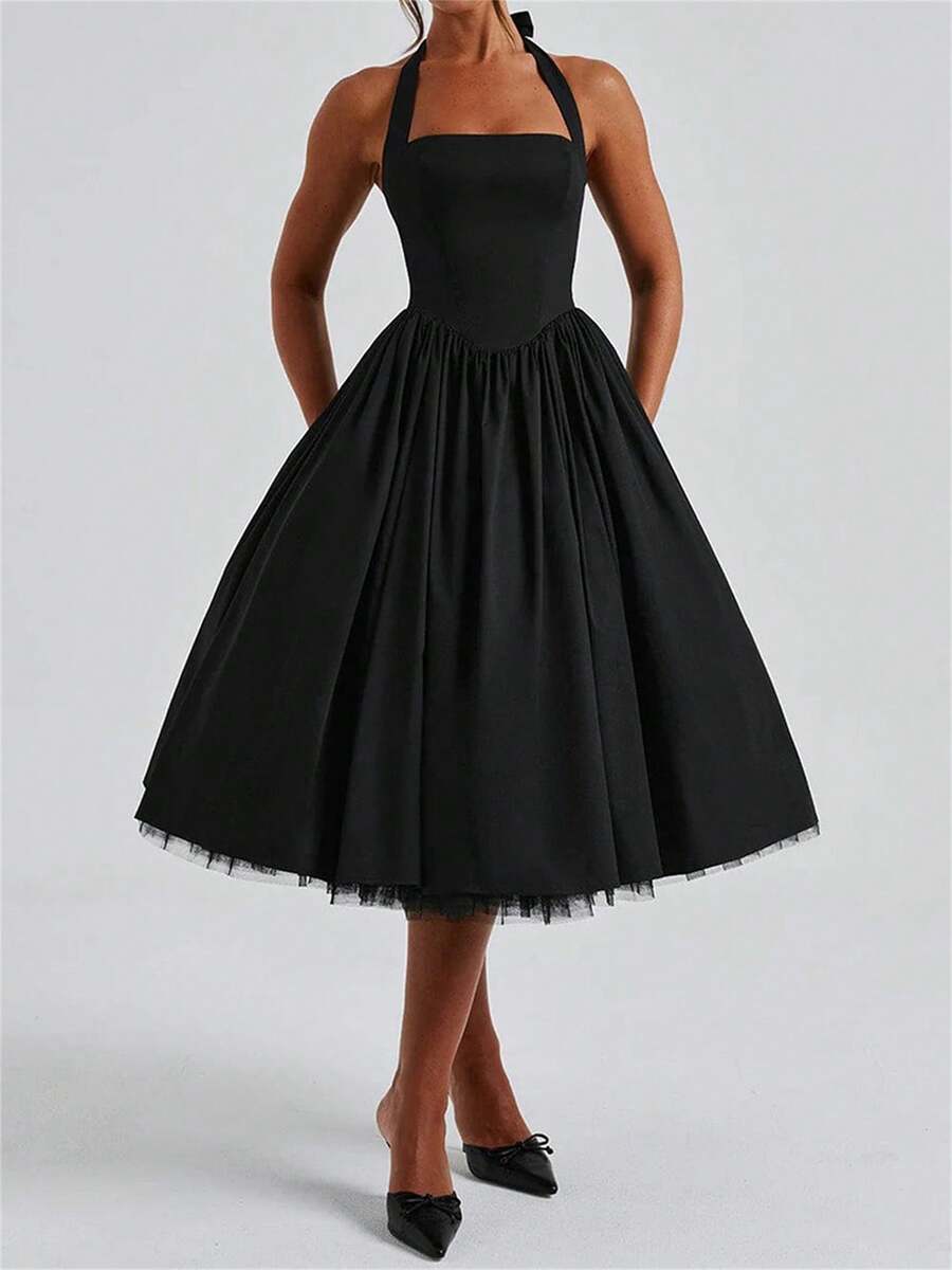 Women Solid Color Tutu Dress Elegant Tie-Up Halter Neck Sleeveless Open Back Cross A-Line Midi Tank Dress - màu đen - Xem 1