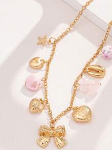 1pc Vintage Love Bow Charm Necklace Ocean Series Multi-Pendant Choker For Women Party Accessories Birthday Gift