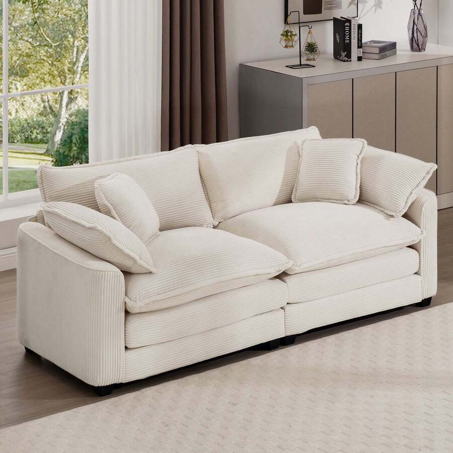 Corduroy Loveseat Couch,Modern 2 Seater Cloud Couches For Living Room,Modular Sectional Cloud Sofas With Deep Seat,Large Love Seat For Small Spaces,Apartment,Office. (Beige, 2 Seater) - 米色 - 查看 1