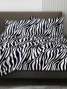 4pcs White Black Zebra Stripe Flower Pattern Sheet Set Easy Care Polyester Microfiber Soft Bedding Set (1pc Flat Sheet+1pc Fitted Sheet+2pcs Pillowcases) Fitted Sheet Set King Queen Full TWIN SIZE Sheet Deep Pocket Up To 11.8 Inch Pillowcase, Soft Breathable Wrinkle-Free Better For Sleep, Luxury Hotel Style, Gift For Mom Dad Friend - Black and White - View 4