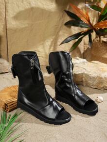 女式露趾平底踝靴 - 时尚拉链休闲平底靴