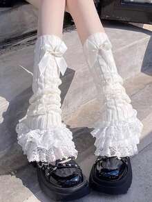 1 Pair Women White Lolita Bowknot Lace Trim Cable Knit Leg Warmers Christmas Gift