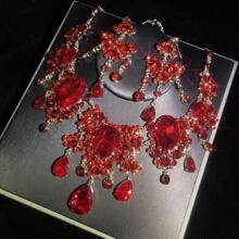 1 conjunto de joias femininas, colar e brincos, 3 peças, incrustado com strass, moderno e elegante, adequado para noivas, casamentos, banquetes e ocasiões formais