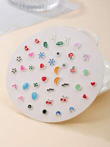 40pcs Cute CCB Earring Set Including Apple, Banana, Cherry, Leaf, Flower, Snowflake, Moon, Star, Cat Design, Suitable For Women's Daily Wear - Multicolor - View 2