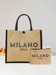 1 Set Of Linen Tote Bag & Mini Pouch, Includes 1 Canvas Tote Bag Printed With "Milano Italy" Text And 1 Patterned Mini Pouch, Personalized Gift Packaging, Lightweight Shopping Bag With Mini Coin Purse - Multicolor - View 6