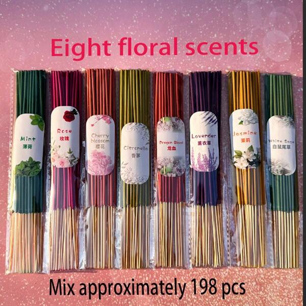 198pcs 8-Pack Assorted Scented Incense Sticks, Including Rose, Jasmine, Lavender, Lemongrass, Mint, Sage, Japanese Cherry Blossom, And Dragon's Blood, Suitable For Home, Office, Meditation, Reading, Sleeping, Music, And Home Decor With Long-Lasting Fragrance