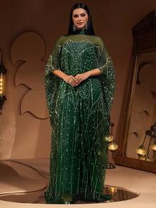 New Luxury High-End Sequin, Sequins, Lace Patchwork Elastic Underlay Women's Elegant Loose 2 Pieces Set Turkish Arabic Robe Dress (Size Runs Large, Customers Advised To Check Size When Ordering) - Dark Green - View 3