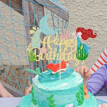 1 件美人鱼生日快乐蛋糕装饰 - 闪光贝壳珊瑚尾签装饰适用于海底 BB 淋浴生日派对用品 - 彩色 - 查看 8