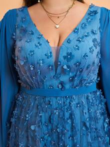 加大码 Mgiacy V 领立体刺绣蕾丝珍珠雪纺吊带袖高端毕业礼服、派对礼服、舞会礼服