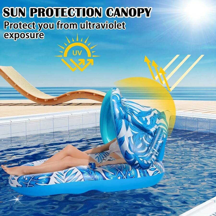 1pc Inflatable Palm Tree Sunshade Floating Island, Summer Swimming Pool Party Floatation Mat, Beach Essentials, Beach Accessories - Blue - View 1