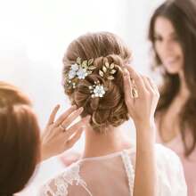 4pcs Gold Leaf Hair Combs, Handmade Bridal Flower Hair Accessories, Wedding Pearl Hair Ornaments, Hairpin & Hairclip Set