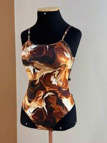 Bodysuit Swimsuit And Pareo Set Kit Premium Beach Cover-Up Bathing Suit Bodysuit - 棕色大理石紋印花 - 查看 4