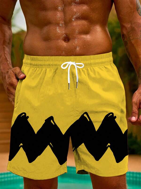 1pc Plus Size Men's Casual Beach Shorts, Loose Fit, Black Wavy Pattern Print, Quick-Dry, Suitable For Everyday Outdoor Vacation, Summer, Hawaiian