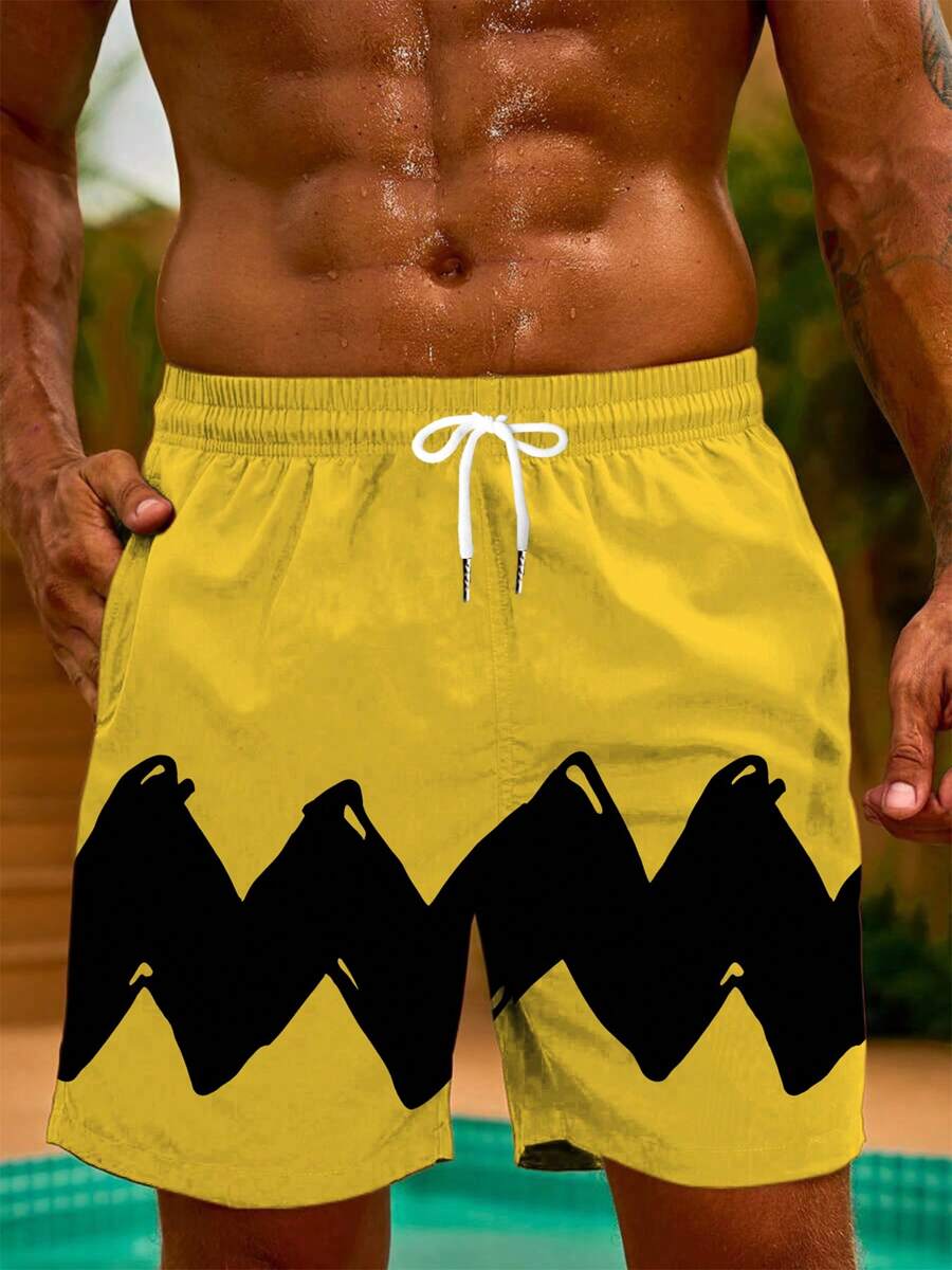 1pc Plus Size Men's Casual Beach Shorts, Loose Fit, Black Wavy Pattern Print, Quick-Dry, Suitable For Everyday Outdoor Vacation, Summer, Hawaiian