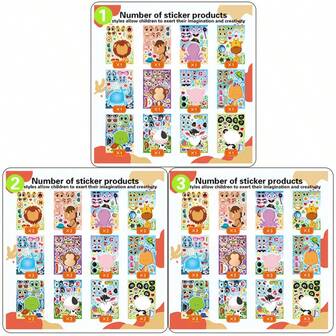 12/24/36pcs Children DIY Face Stickers, Cartoon Animal Mixed Matching Paper Stickers, Self-Adhesive Art Craft, Suitable For Party Favors, Disposable, Rectangular, Great For Teacher Rewards And Gifts