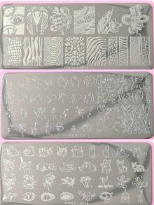 1件套不锈钢美甲印花板套装，DIY美甲印花模板，包含蝴蝶、玫瑰、线条、卡通图案设计，无香型美甲印花工具，适用于美甲设计 - 銀色 - 查看 7