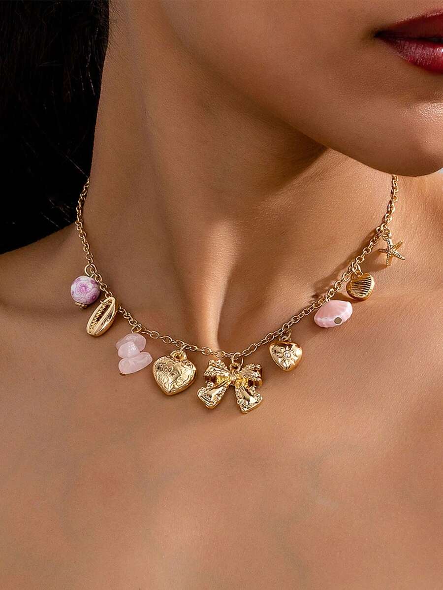 1pc Vintage Love Bow Charm Necklace Ocean Series Multi-Pendant Choker For Women Party Accessories Birthday Gift
