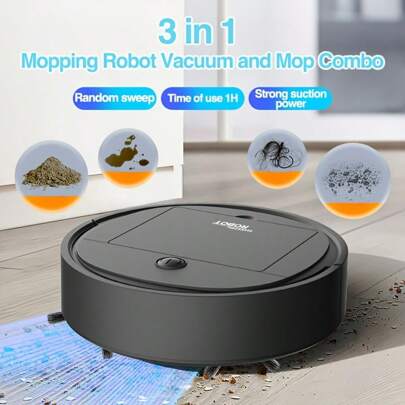 3-In-1 Mopping Robot Vacuum And Mop Combo, Strong Suction, 60 Mins Runtime, Slim, Low Noise, Ideal For Pet Hair Hard Floor And Daily Cleaning, Automatic Direction Change When Encountering Obstacles - Random Sweeping, 400mAh Lithium Battery, USB Charging, Pet Hair Cleaner