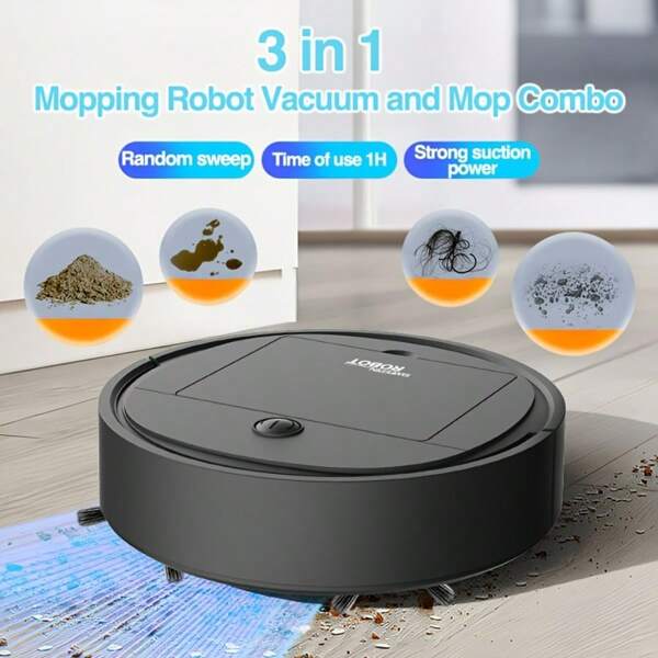 3-In-1 Mopping Robot Vacuum And Mop Combo, Strong Suction, 60 Mins Runtime, Slim, Low Noise, Ideal For Pet Hair Hard Floor And Daily Cleaning, Automatic Direction Change When Encountering Obstacles - Random Sweeping, 400mAh Lithium Battery, USB Charging, Pet Hair Cleaner