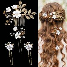 4pcs Gold Leaf Hair Combs, Handmade Bridal Flower Hair Accessories, Wedding Pearl Hair Ornaments, Hairpin & Hairclip Set