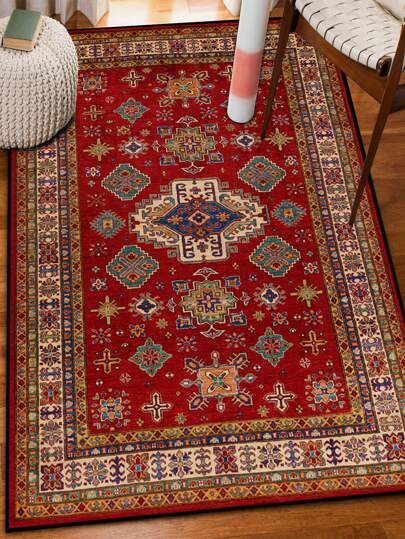 1pc Washable Geometric Pattern Flannel, 0.7" Thick Non-Woven Anti-Slip Carpet, Soft Non-Pilling Indoor Vintage Style Rug For Living Room, Bedroom, Kids Room Or Home Office