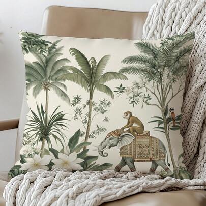 1pc Tropical Forest Elephant Decorative Pillow Cover, Single-Sided Print Soft Coral Fleece Fabric, 45*45CM Cushion Cover For Room, Living Room, Sofa Decor, Party Decor, Decorative Pillow Gift