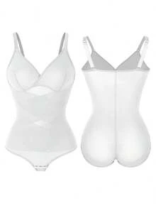 Women's Mesh Cross-Over Shapewear Bodysuit, V-Neck One-Piece Body Suit With Adjustable Straps, Tummy Control, Slimming Waist Trainer, Abdomen Compression, Snatched Fit Body Shaper - 白色 - 查看 9