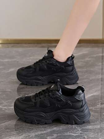 女士纯色休闲运动鞋，厚底系带软底步行鞋，透气低帮舒适跑步鞋，劳动节、情人节、节日礼物