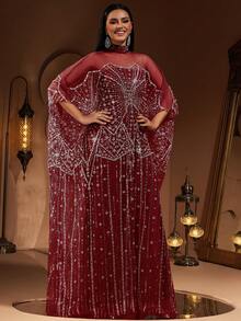 New Luxury High-End Sequin, Sequins & Lace Patchwork Elastic Underlayer Women's Elegant 2 Pieces Turkish Robe Dress (Size Runs Large, Customers Advised To Check Size When Ordering) - Màu Đỏ Sâu - Xem 4