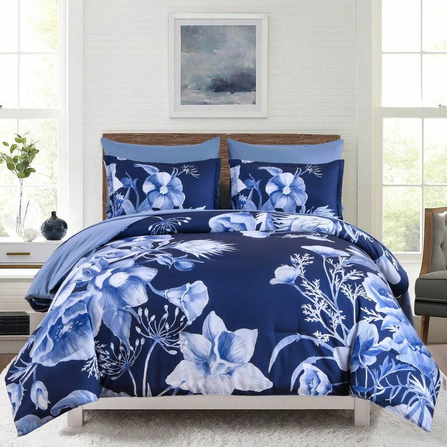 7 Pieces Purple Floral Comforter Sets Full Queen King Bed In A Bag,Elegant Flower Comforter With Sheet Set, Soft Microfiber Bedding Set For Wedding Items,Valentines Day Home Bed Room Decor,Mothers Day Gift,All Season - 藏蓝色 - 查看 1