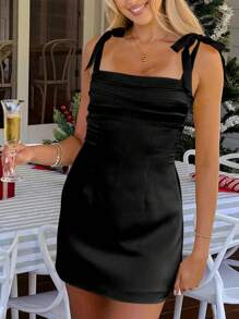 时尚无袖粉色吊带迷你连衣裙，适合女士穿着，配有结带和露背褶饰，非常适合休闲外出、生日庆祝、假日旅行和夜间外出 - 黑色 - 查看 3