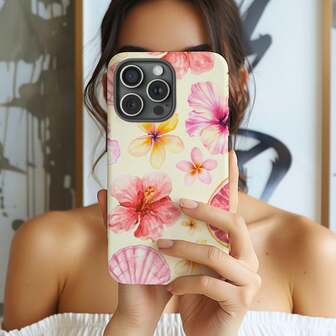 Cute Hibiscus Seashell Phone Case Summer Pastel Floral Print Cute Girly Aesthetic Phone Cover Compatible With IPhone 17 Air 16 Pro Max 15 14 Plus 13 12 Pro 11