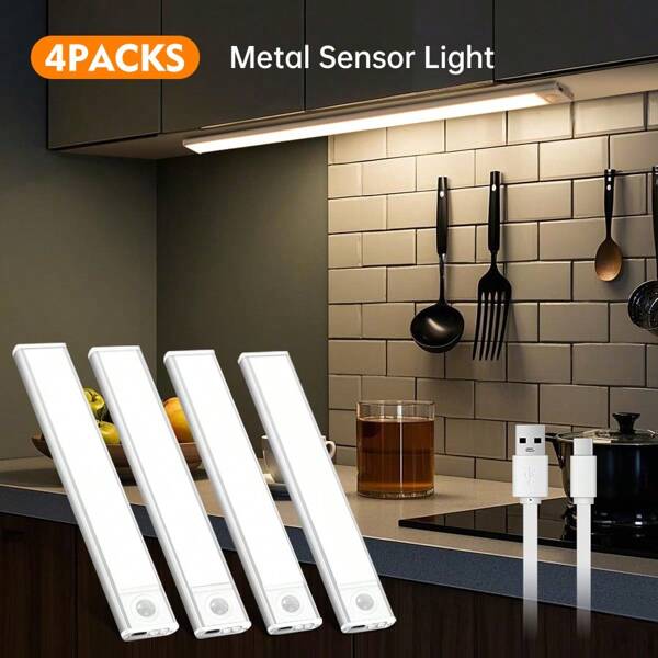 4pcs Kitchen Cabinet Light, Wireless Motion Sensor LED Night Light, USB Rechargeable LED Kitchen Bar Lights, Magnetic Closet Lighting For Corridor, Kitchen, Staircase, Wardrobe, Bedroom, Bedside, Home Decor, Living Room Decor